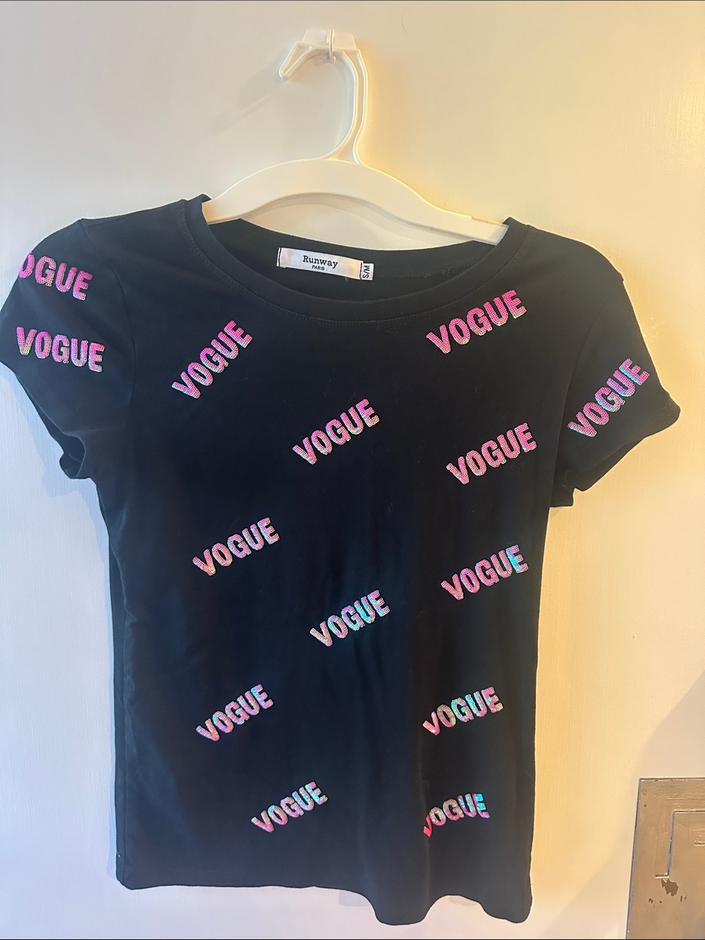 Vogue Black Tee with Pink & Blue Logo Print